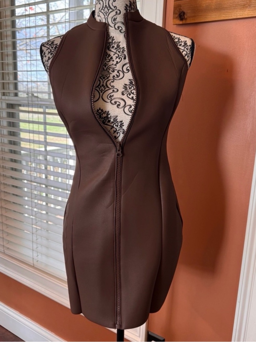 SKIMS Rubberized Scuba Swim Mock Neck Dress in Cocoa — Size M